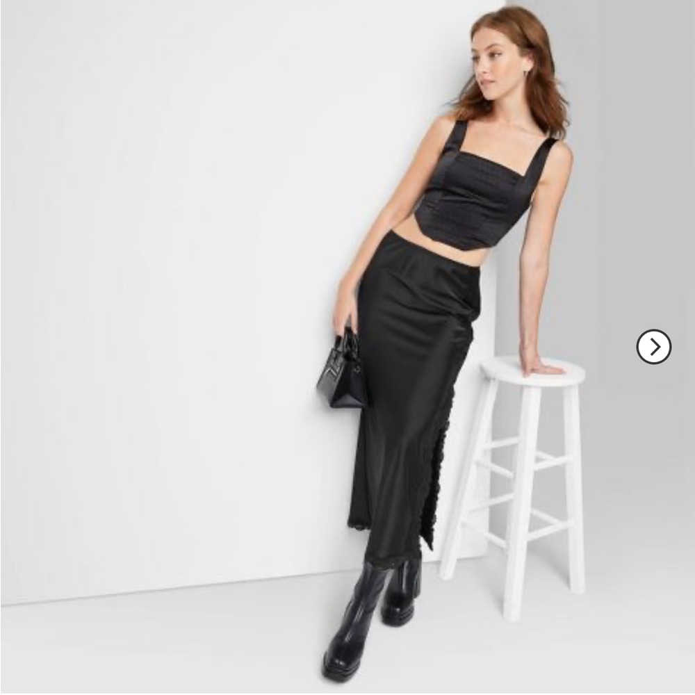 Black Satin Lace Trim Midi Skirt with Slit